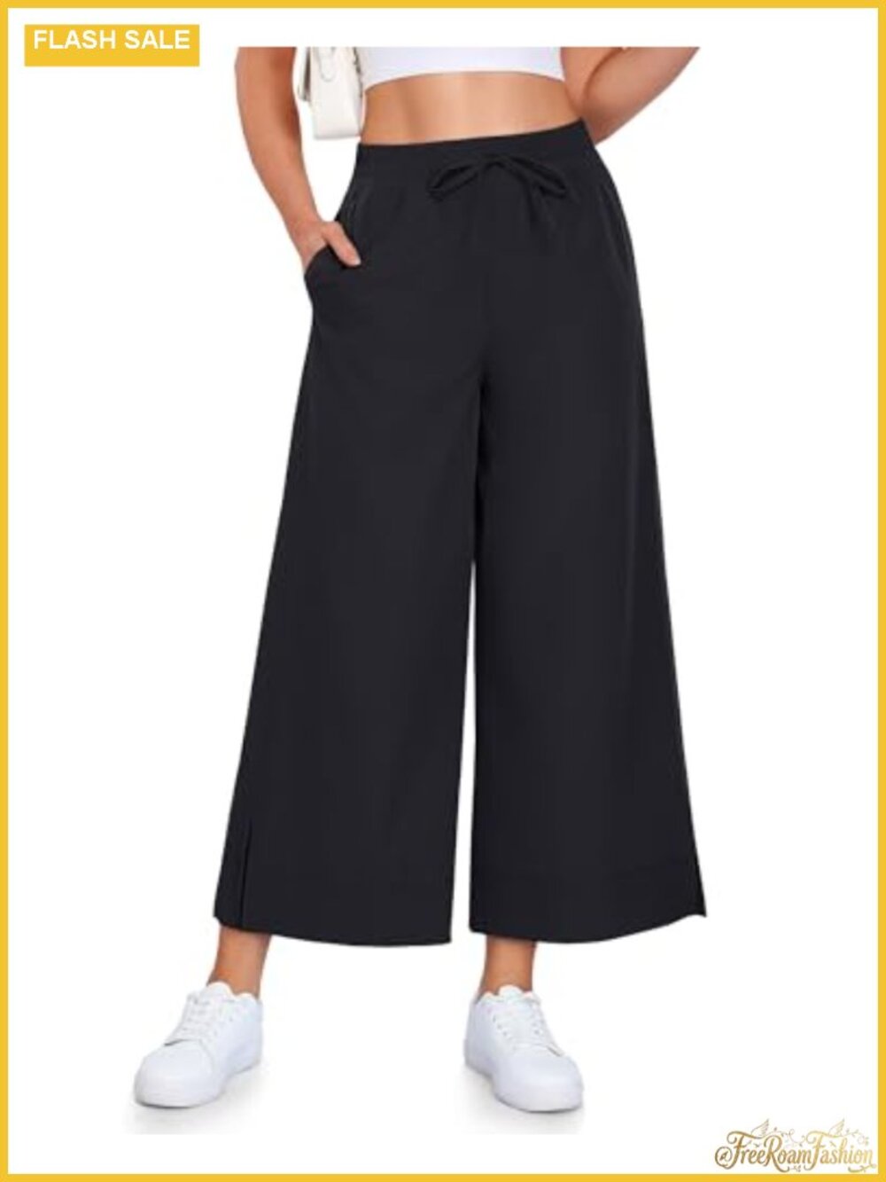 Wide Leg Capri Yoga Pants High Waist Drawstring Lightweight Travel